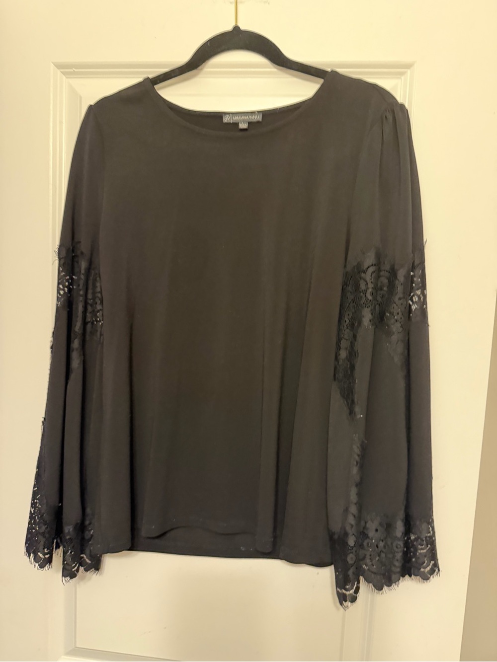 Adrianna Papell Black Lace-Trim Long Sleeve Blouse